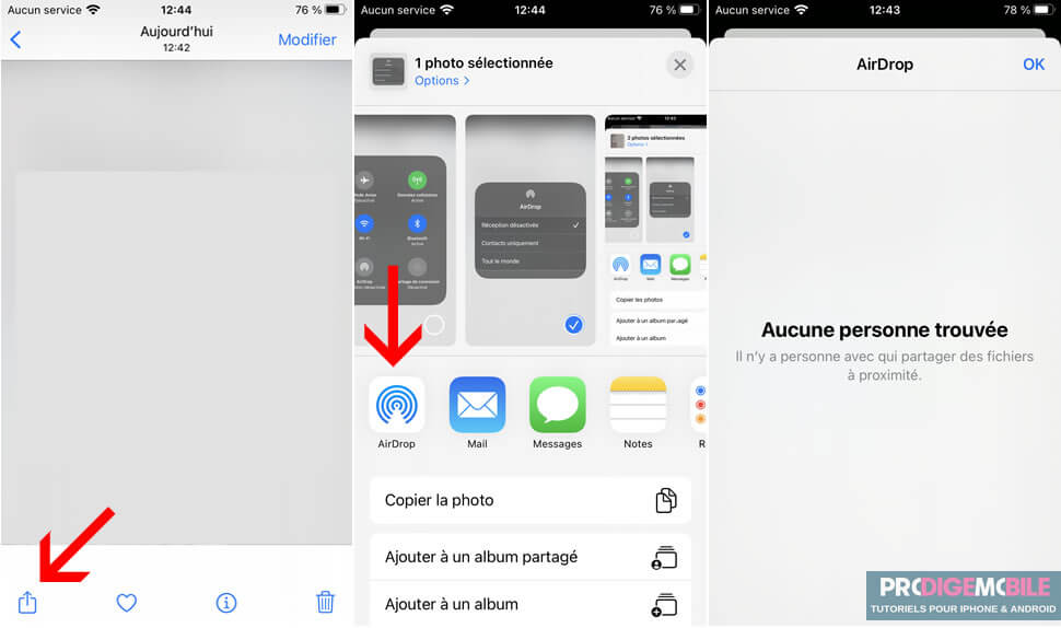 Capture d’écran montrant le partage de photos entre deux iPhone via AirDrop