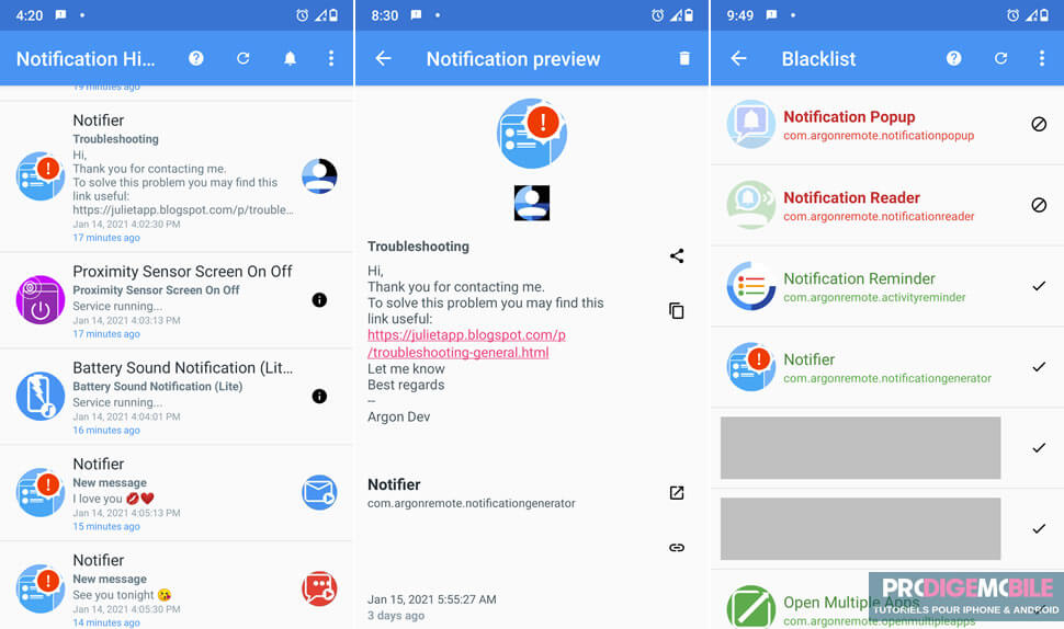 Exemple d’application Notification History Log pour retrouver des notifications supprimées sur Android