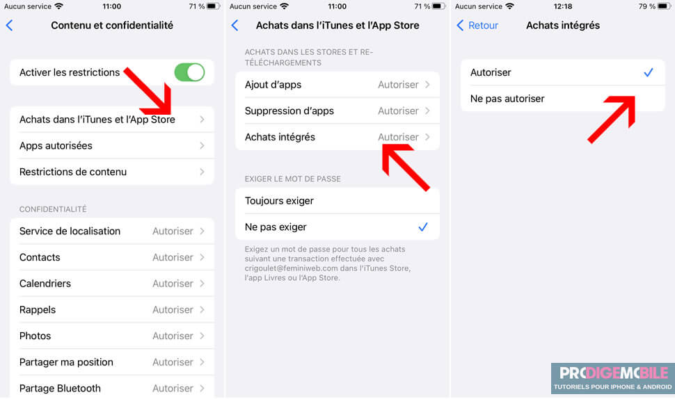 Réglages iOS pour bloquer les achats intégrés dans les applications installées sur iPhone