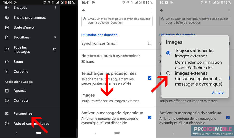 Paramètres Gmail sur Android montrant l’option pour bloquer le téléchargement automatique des images