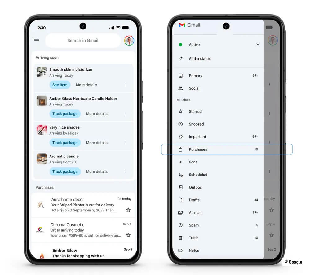 Capture d’écran du nouvel onglet Achats dans Gmail avec le suivi des commandes et colis