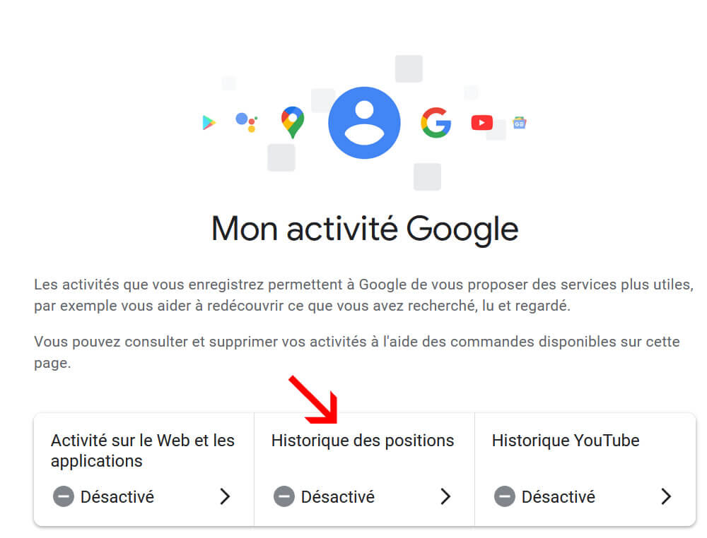 Désactivation de l’historique de position dans Google Activité