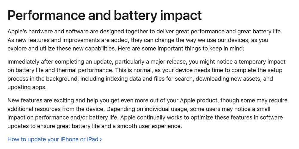 Note officielle d’Apple expliquant la baisse temporaire d’autonomie de l’iPhone après la mise à jour iOS 26