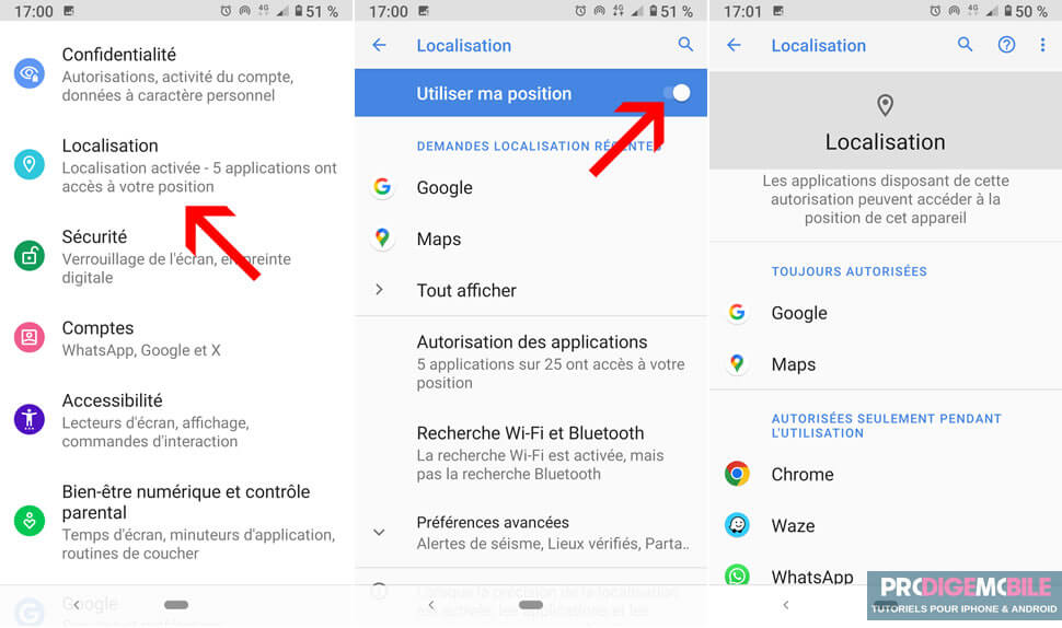 Menu des paramètres Android pour désactiver le GPS et gérer les autorisations de localisation