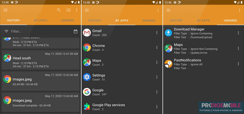 Interface de l’application Past Notifications