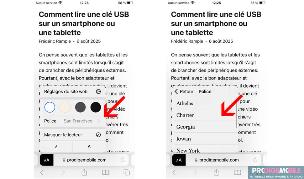 Options de personnalisation du mode lecture Safari : police, taille du texte, fond clair ou sombre