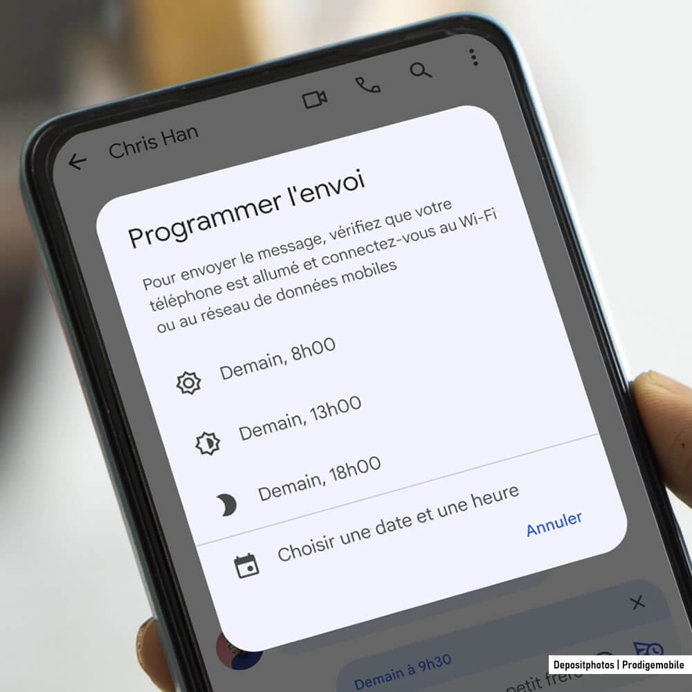 Programmation d’un SMS dans Google Messages sur Android avec choix de la date et de l’heure