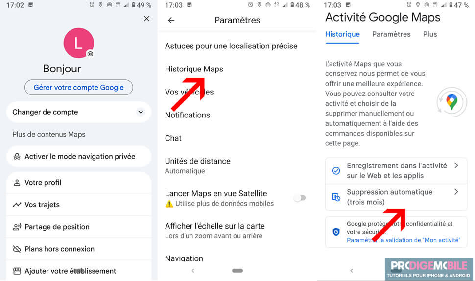 Interface de Google Maps montrant l’option pour supprimer l’historique des déplacements