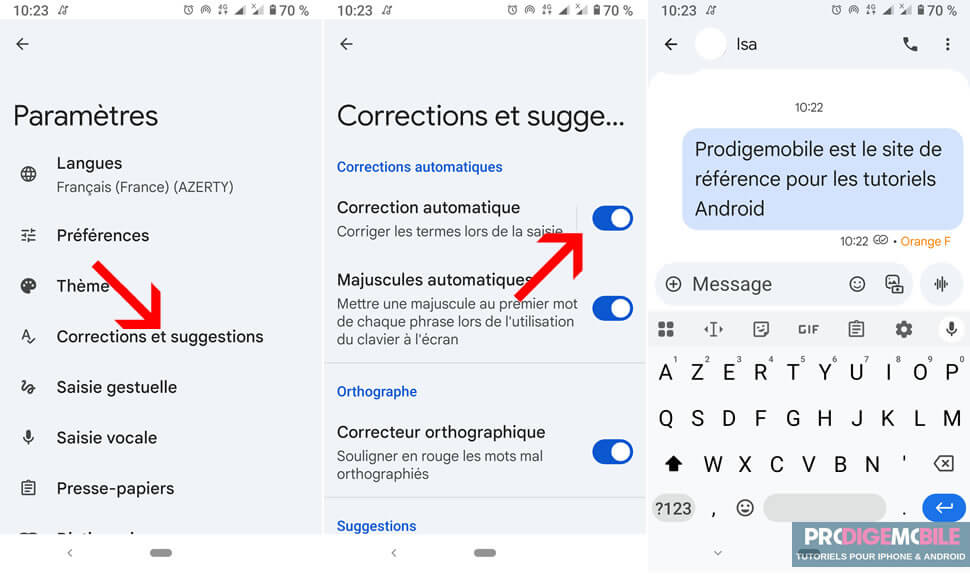 Option des paramètres de Gboard permettant d’activer ou de désactiver la correction automatique sur un smartphone Android