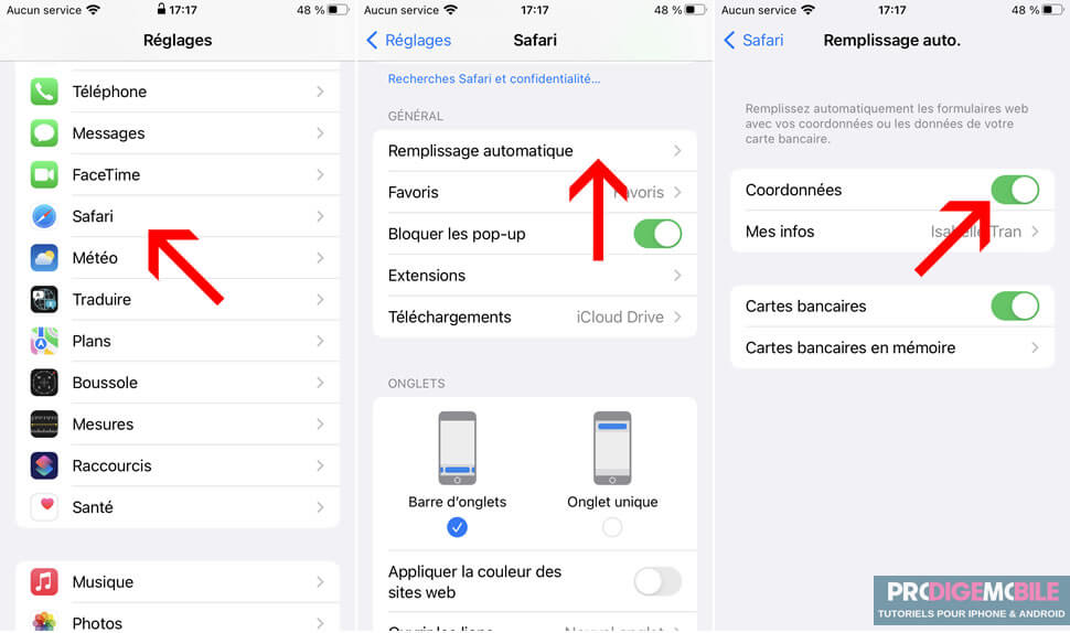 Activer la fonction de remplissage automatique dans les réglages Safari sur iPhone