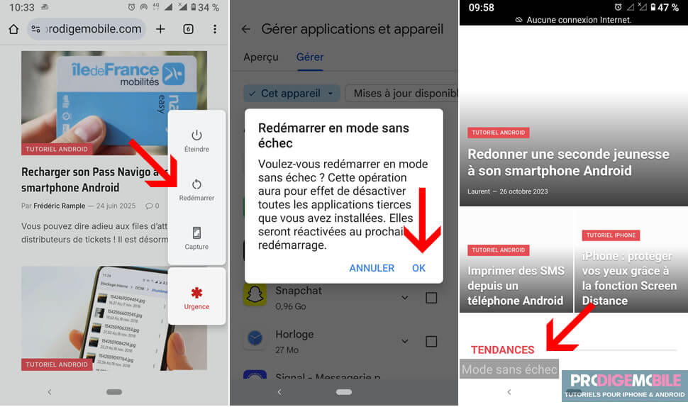 Menu d’alimentation Android affichant l’option Redémarrer en mode sans échec sur un smartphone