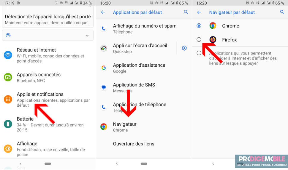 Écran des paramètres Android affichant le menu des applications par défaut