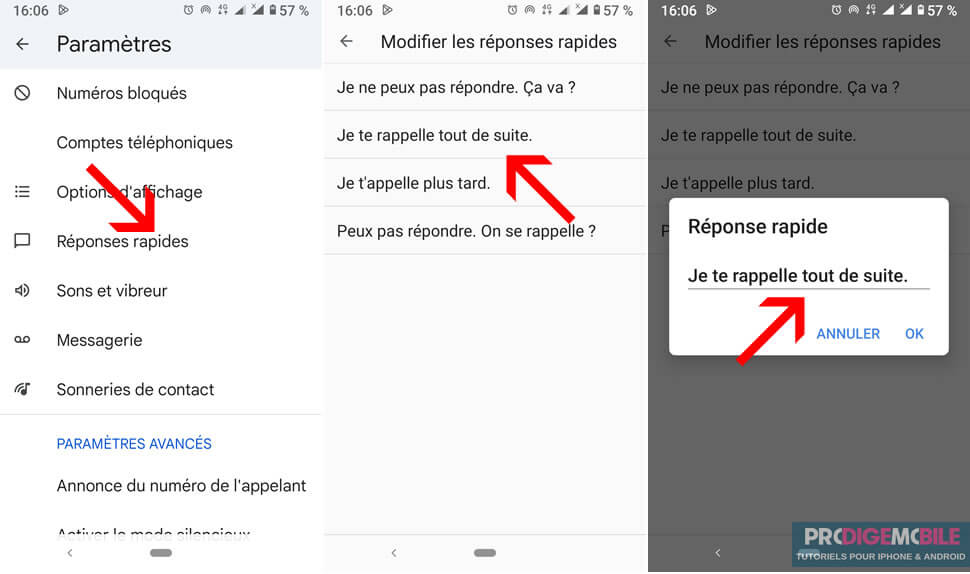 Réglages Android permettant de personnaliser les messages automatiques envoyés après un appel refusé