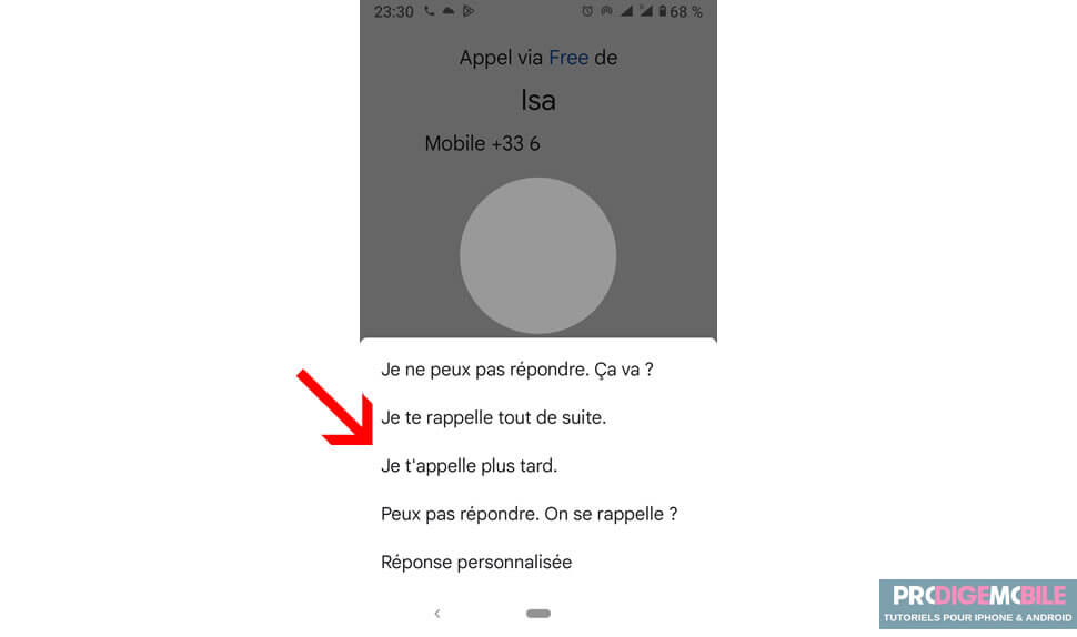 Exemple d’appel refusé sur Android avec envoi automatique d’un SMS d’indisponibilité