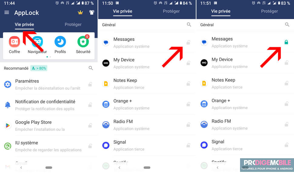 Interface de l’application AppLock montrant la sélection des applis à verrouiller, dont Messages, sur Android.