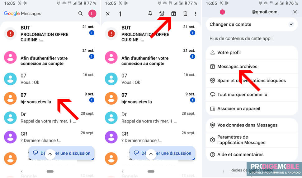 Capture d’écran montrant comment archiver une conversation SMS dans l’application Google Messages sur Android