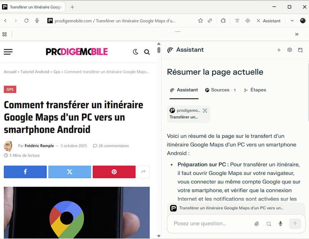 Barre latérale de l’assistant IA de Comet affichant un résumé automatique d’un article sur une page web.