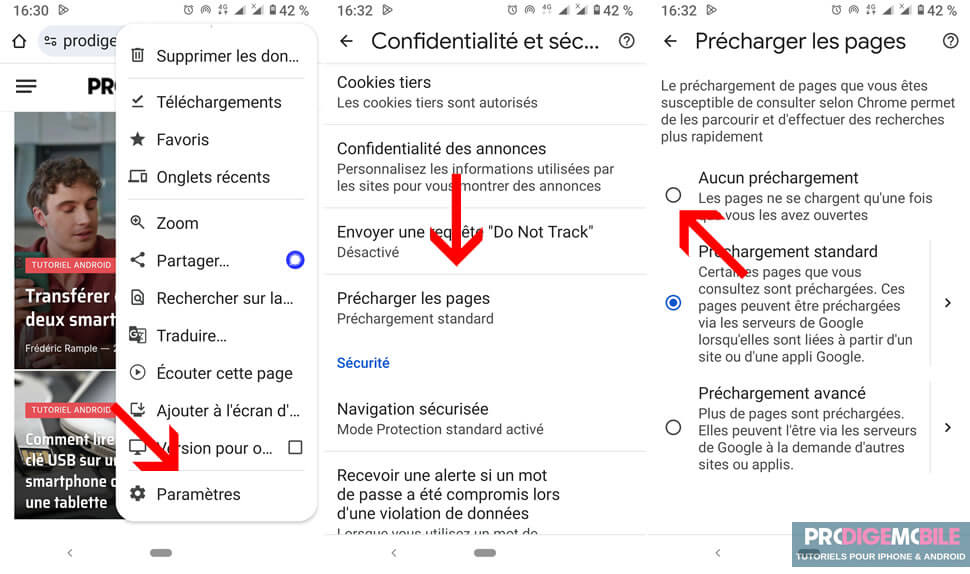 Option pour désactiver le préchargement de pages dans les paramètres de confidentialité sur Chrome Android