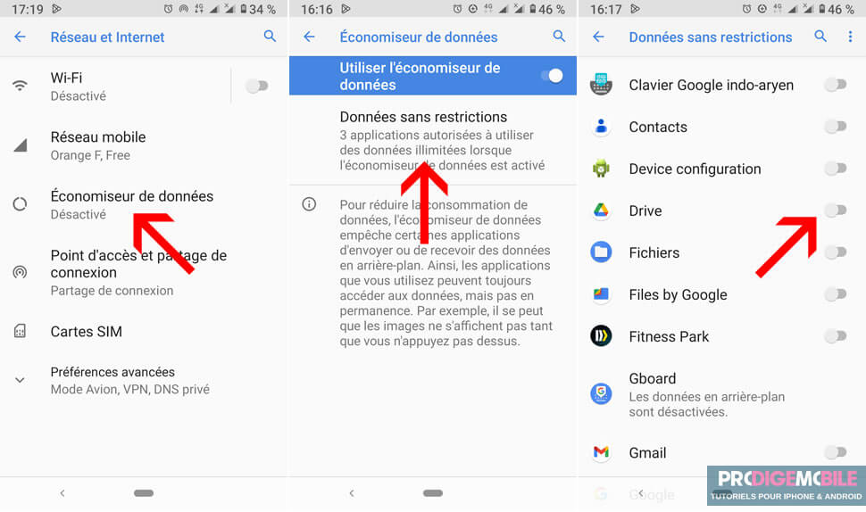 Écran Android affichant les applications autorisées à utiliser des données mobiles sans restrictions malgré l’Économiseur de données