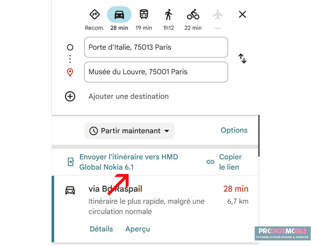 Bouton « Envoyer vers l’appareil » sur Google Maps pour transférer un itinéraire du PC vers un smartphone Android