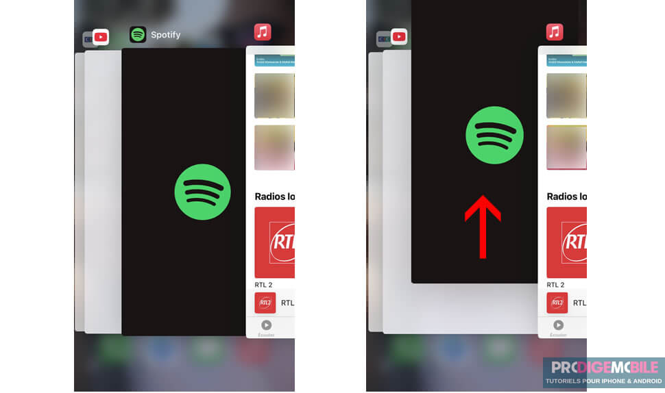 Geste de balayage vers le haut sur l’écran d’un iPhone pour fermer une application figée