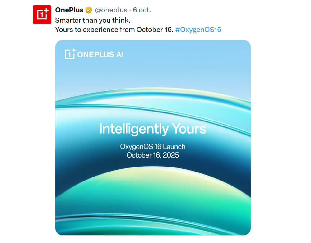 Message annonçant l’arrivée de la mise à jour OxygenOS 16 pour le 16 octobre