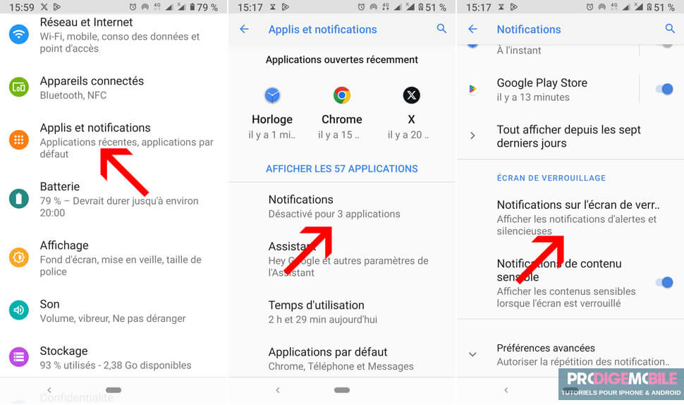 Paramètres Android pour cacher le contenu des messages sur l’écran de verrouillage afin de protéger la confidentialité.