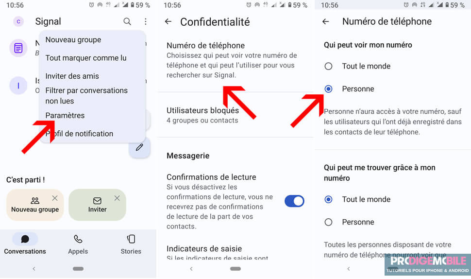 Illustration montrant comment masquer son numéro de téléphone sur Signal