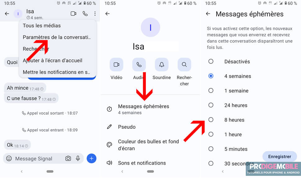 Activation des messages éphémères sur Signal pour supprimer automatiquement les discussions après lecture.