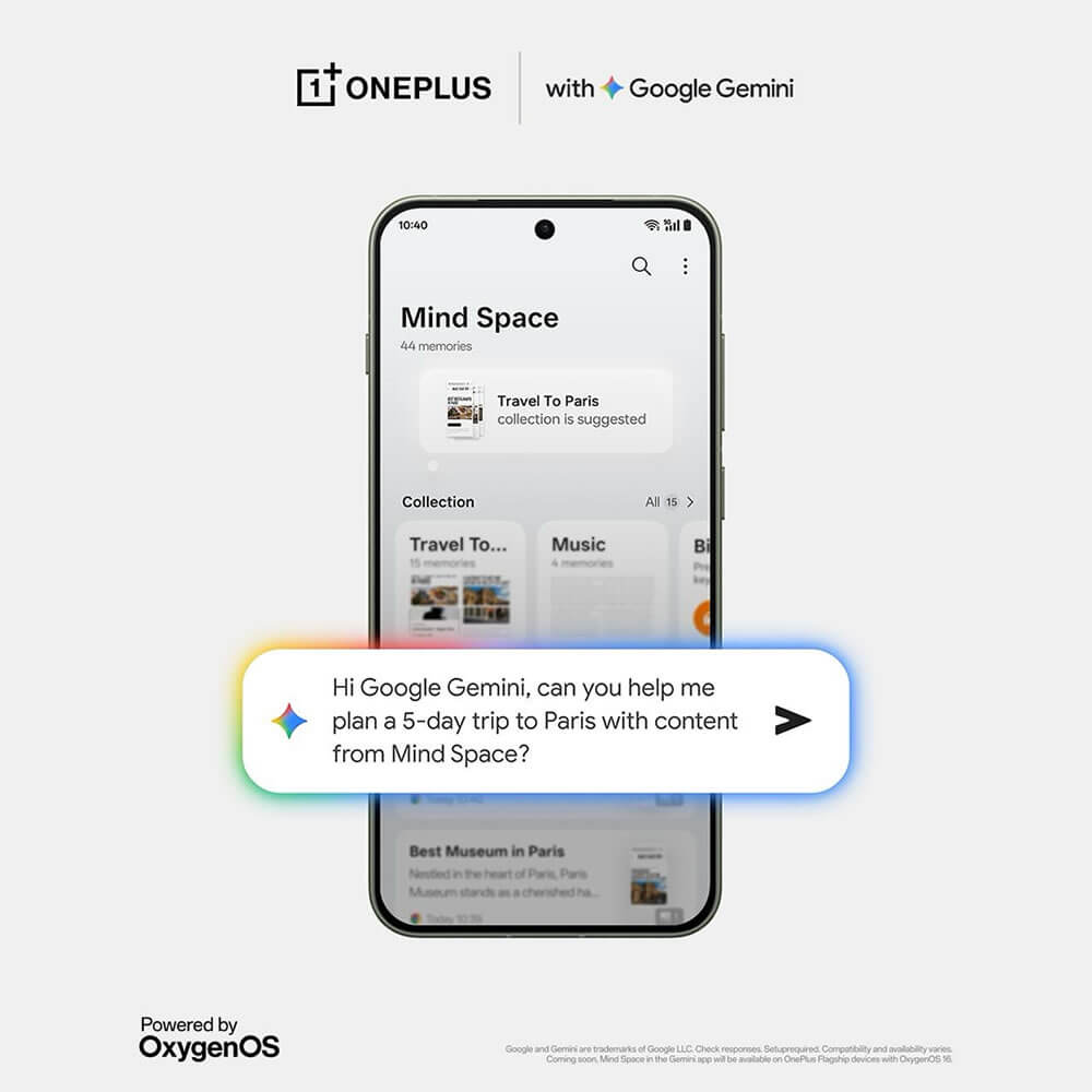Interface Mind Space d’OxygenOS 16 sur OnePlus, utilisée avec Google Gemini pour organiser automatiquement les données personnelles