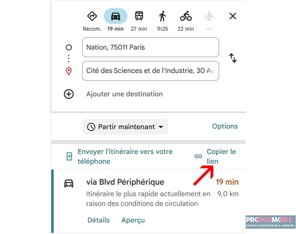 Partage de lien d’un itinéraire Google Maps depuis la version web sur ordinateur
