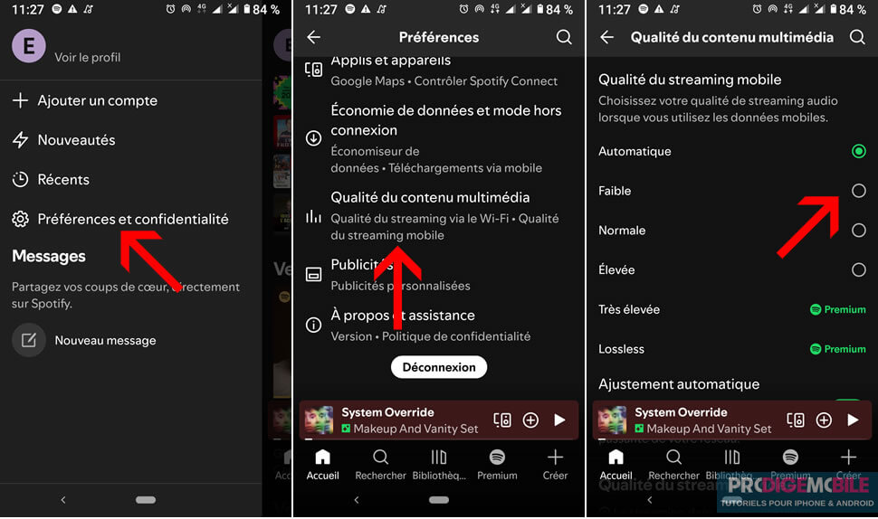 Réglage de la qualité du streaming mobile dans les paramètres de l’application Spotify sur Android
