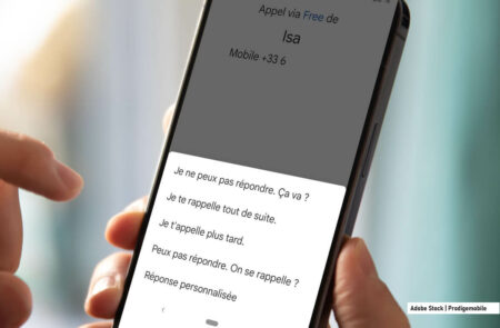 Écran d’Android affichant les options de réponse automatique par SMS lors d’un refus d’appel