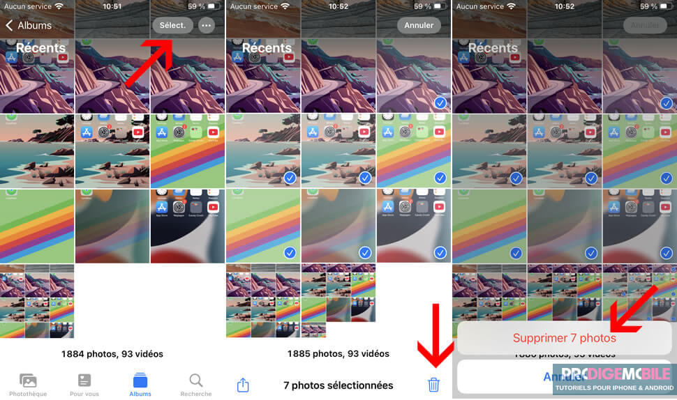 Sélection multiple de plusieurs photos dans la galerie iPhone avant suppression