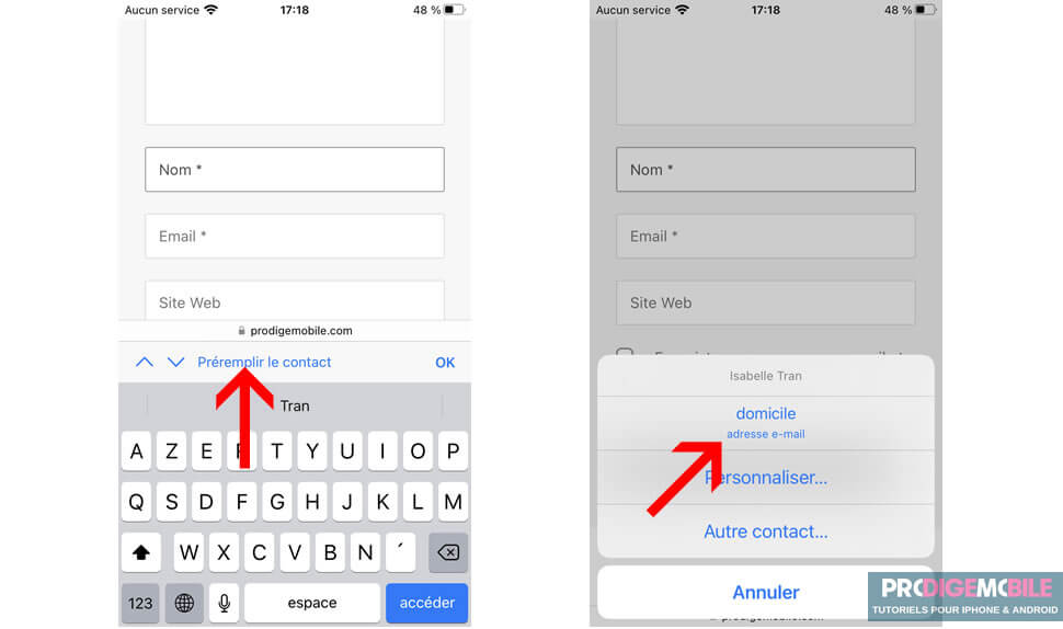 Exemple d’utilisation du remplissage automatique dans un formulaire web sur Safari iPhone