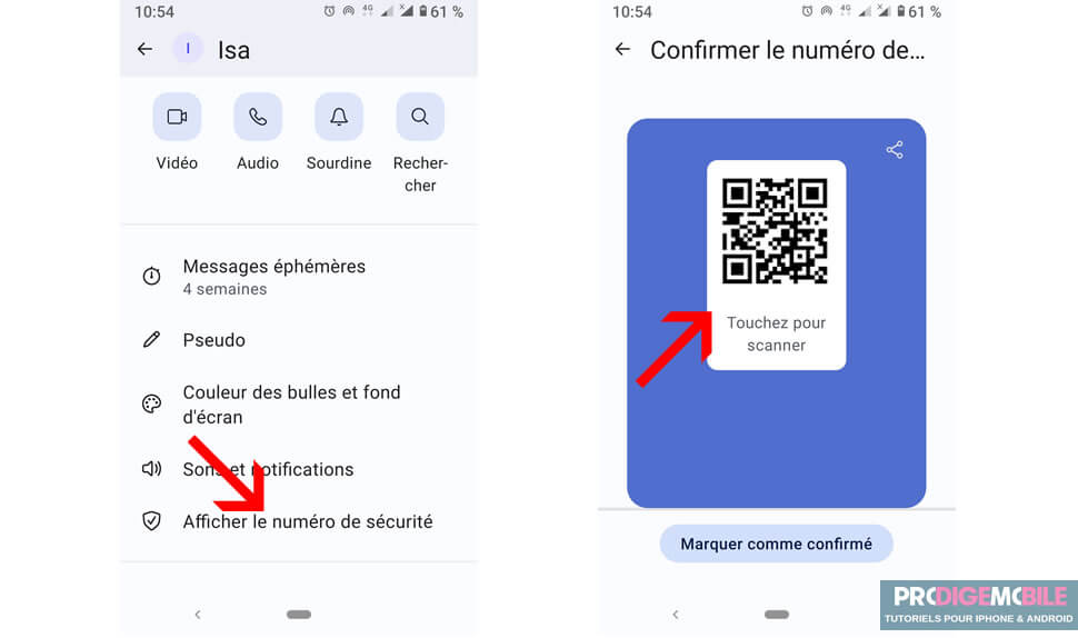 Écran de vérification du numéro de sécurité sur Signal pour confirmer l’identité d’un contact et la protection du chiffrement.