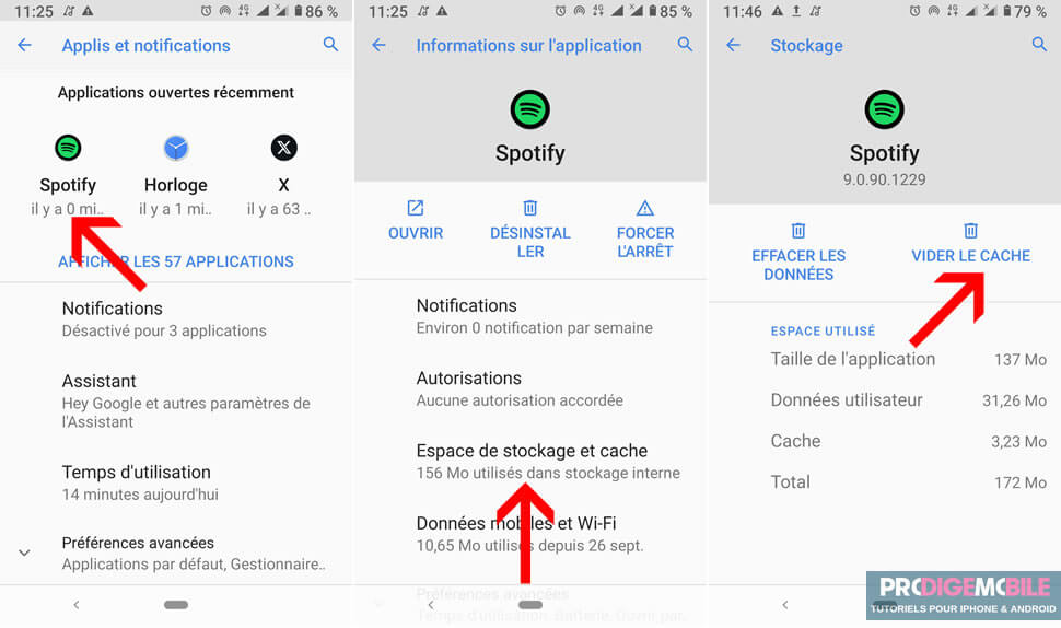 Option Vider le cache de Spotify dans les paramètres de stockage Android