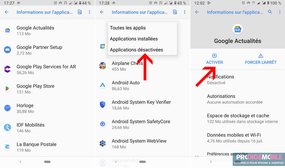 Activer une application précédemment désactivée