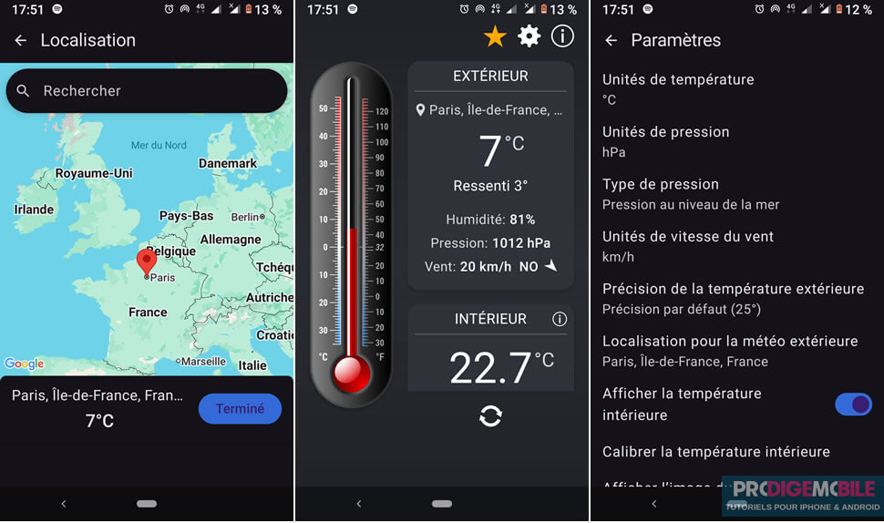 Écran d’une application thermomètre sur Android montrant la température intérieure et extérieure