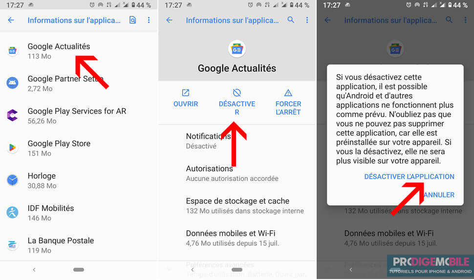 Menu de gestion des applications sur Android avec le bouton Désactiver pour retirer un bloatware