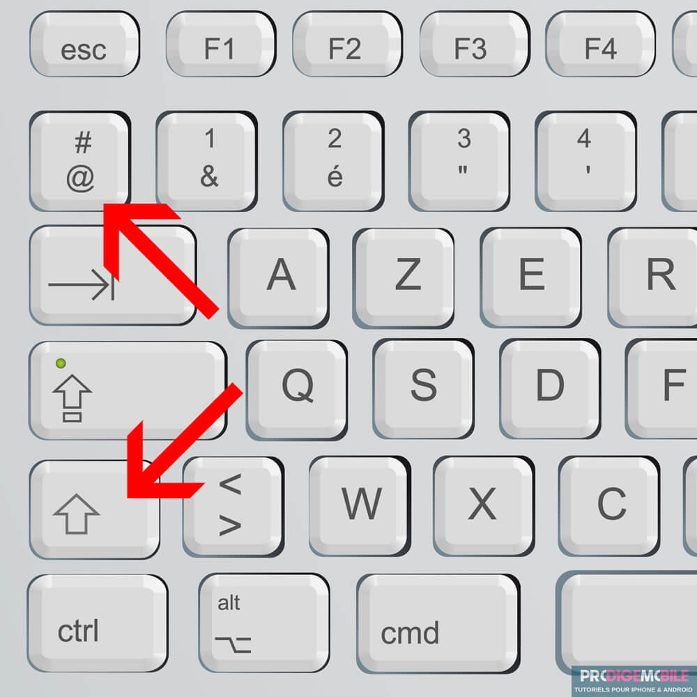 Localisation de la touche @ et # sur la partie supérieure gauche d’un clavier Apple.