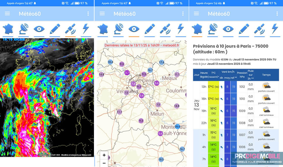 Vue satellite de la couverture nuageuse en France depuis l’application Météo60