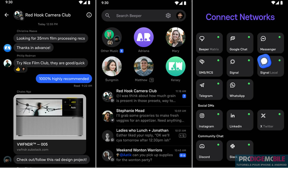 Interface de l’application Beeper centralisant plusieurs services de messagerie comme WhatsApp, Telegram et Signal