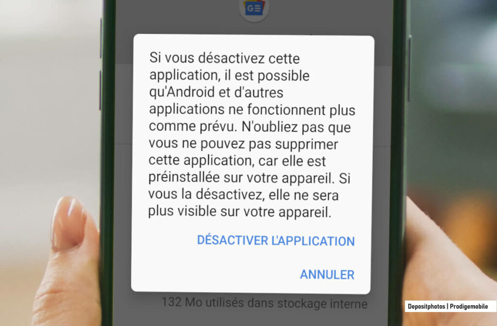 Écran des paramètres Android montrant l’option pour désinstaller une application préinstallée
