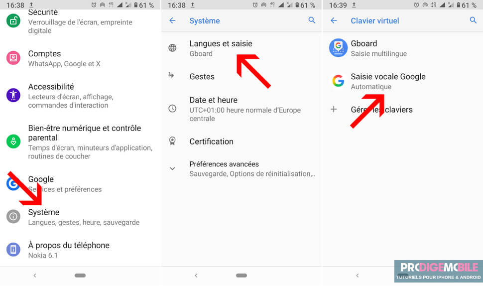 Écran des paramètres Android montrant l’activation de la saisie vocale Google pour utiliser la dictée vocale.