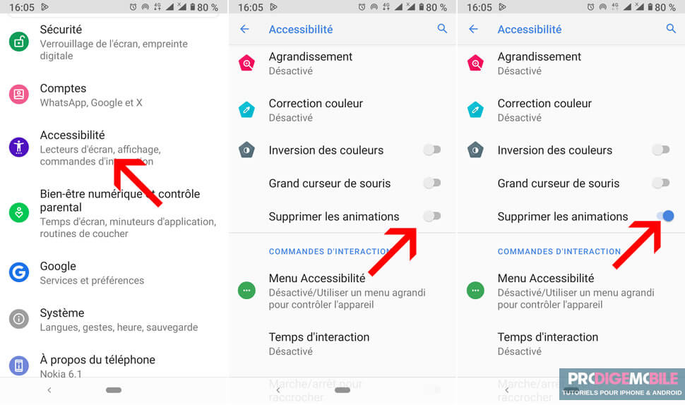 Menu Accessibilité sur Android avec l’option Supprimer les animations activée
