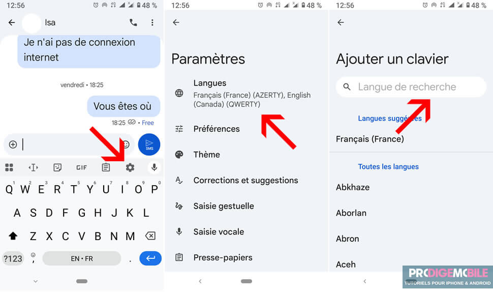 Sélection d’une langue de dictée dans le menu Langues du clavier virtuel Android