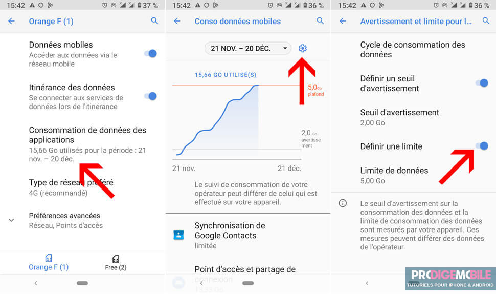 Paramètres Android montrant une limite de données configurée pour l’application YouTube.