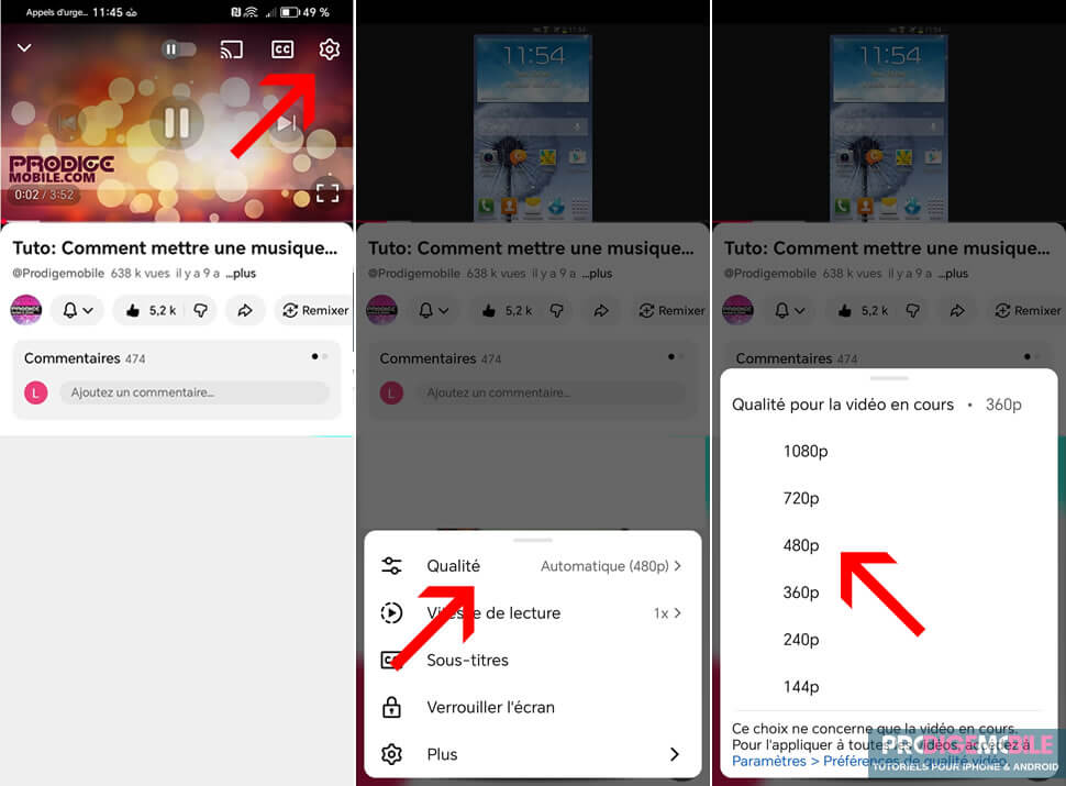 Écran YouTube affichant les options de résolution vidéo (144p, 240p, 360p) pour réduire la consommation de données.