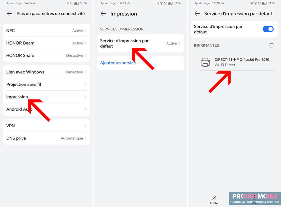 Sélection d’une imprimante Wi-Fi depuis l’écran d’impression sur Android